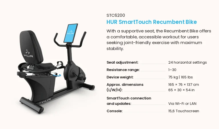 HUR SmartTouch recumbent bike with the supplied manufacturer specification panel