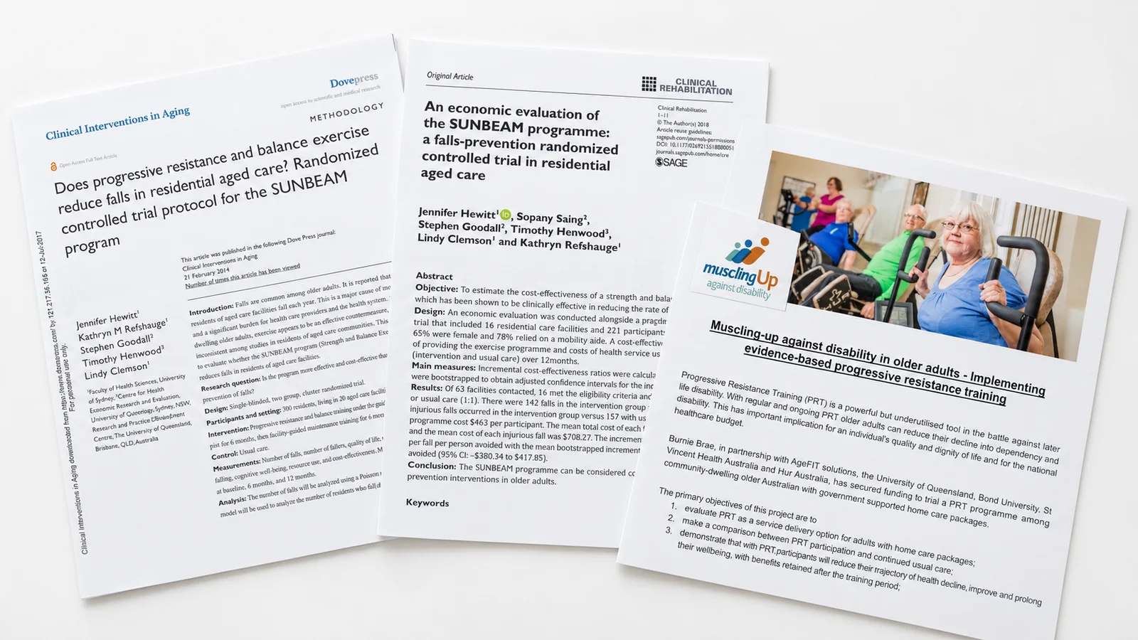 Illustrative arrangement of three research papers about SUNBEAM and Muscling Up Against Disability